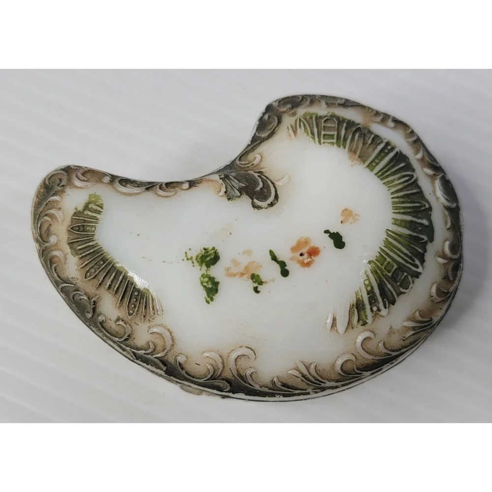 Antique Milk Glass Hand Painted Paisley Shaped Trinket Box w/ Lid RARE